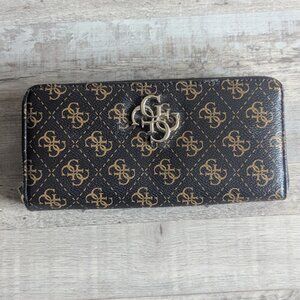 Guess Logo Zip-Around Wallet | Brown & Gold | Like New